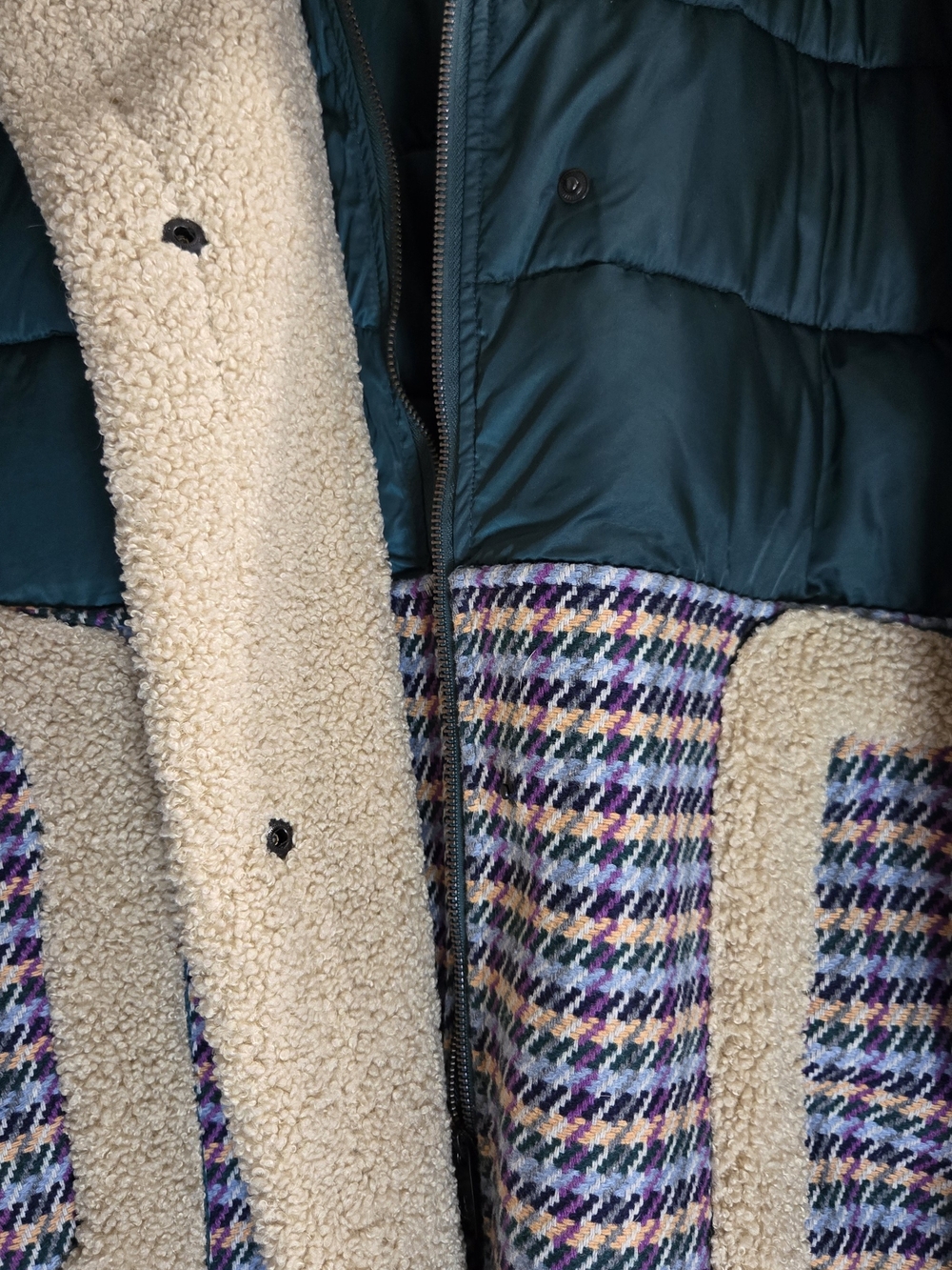 Sam Edelman Teal Puffer Coat with Cream Sherpa and Multicolor Houndstooth - Picture 4 of 7